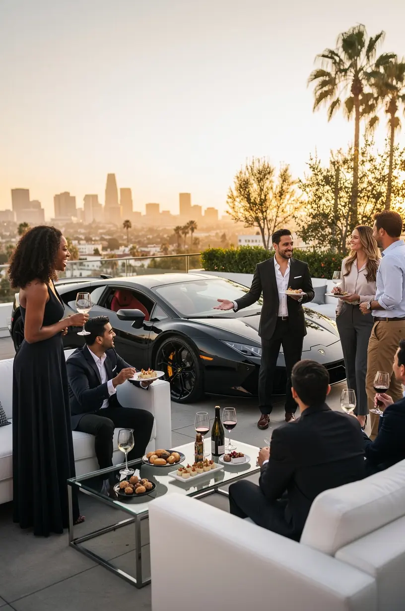 Elegant waiting lounge with luxury car magazines and customer service desk at a Los Angeles high-end car service boutique